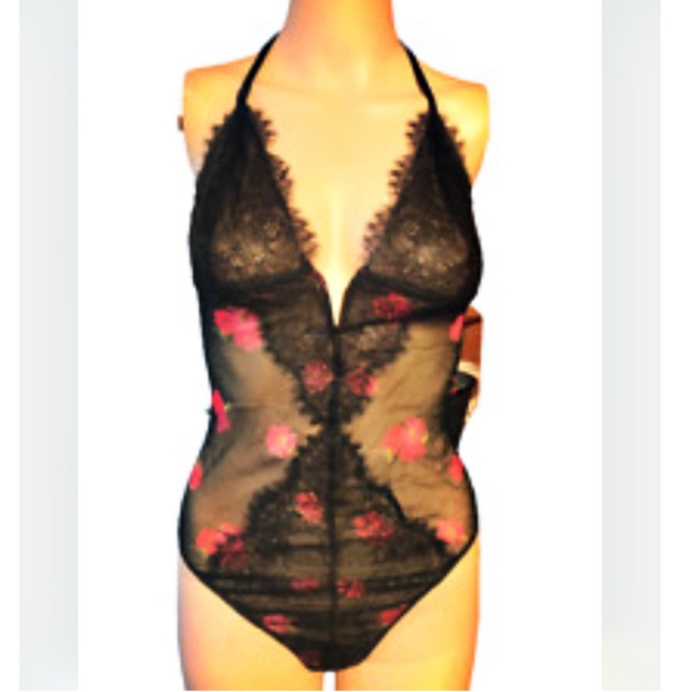 VICTORIAS SECRET black teddy with embroidered flowers
